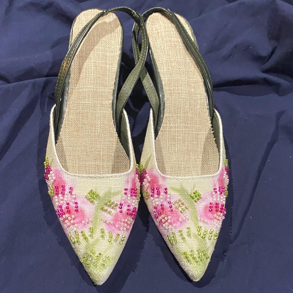 Embellished Pink and Green Slingback Flats